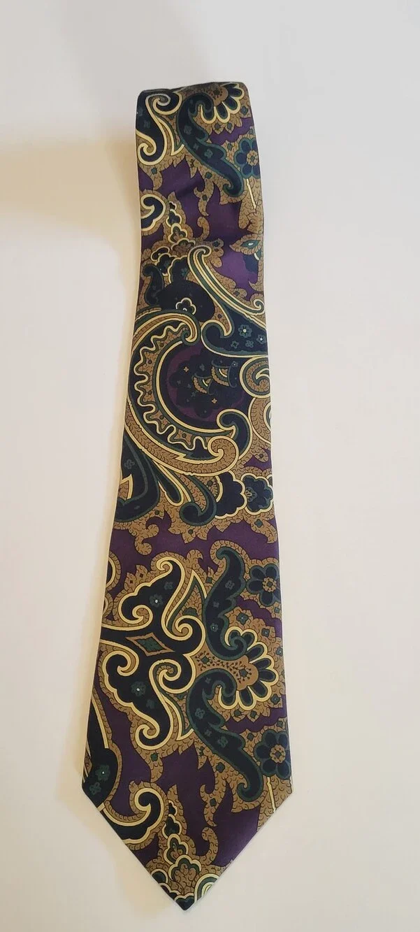 Garrison Silk Tie Mens Purple Gold Green Paisley All Silk Handmade USA Necktie
